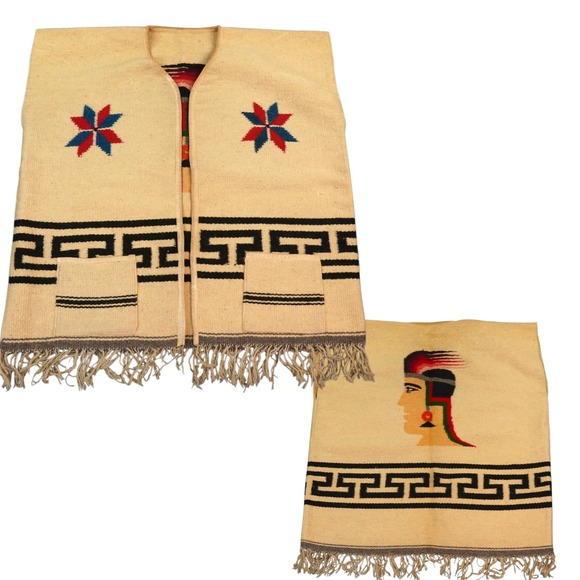 The Unbranded Brand Other - VTG‎ Zapotec Oaxaca Handwoven Wool Gabán Vest Aztec Warrior Greca Band Starburst